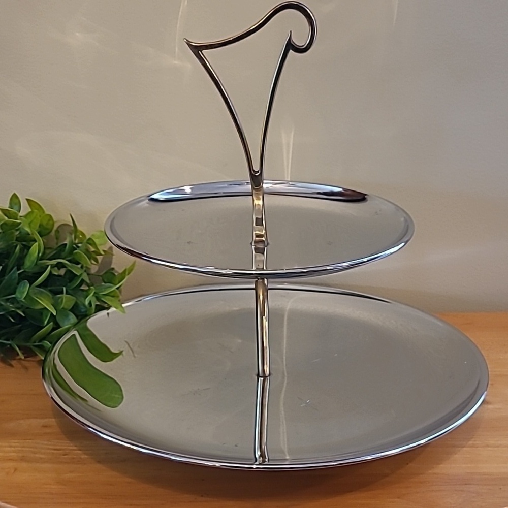 RIVIERIA Atomic MCM Two Tiered Chromeware Tidbit Petit Fours Serving Tray